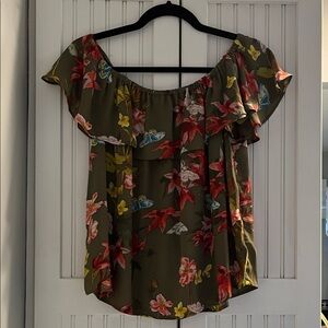 Maeve Olive Floral Off-Shoulder Ruffle Blouse